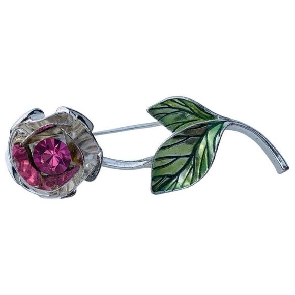 Avon Jewelry - Vintage AVON Pink Shimmer Rhinestone Rose Silver Tone Brooch Pin